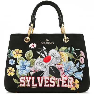 Braccialini Looney Tunes Sylvester Handbag   Black with Floral Embroidery and Removable Pouch LT320-YY-818-UNI