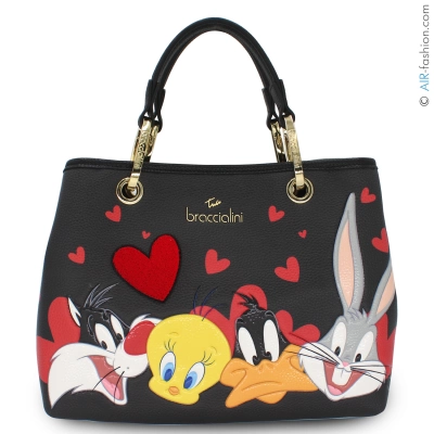 Braccialini Black ALLFRIEND Looney Tunes Tote Bag with Sylvester  Tweety  Daffy Duck  Bugs Bunny and Removable Pouch LT315-YY-818-UNI