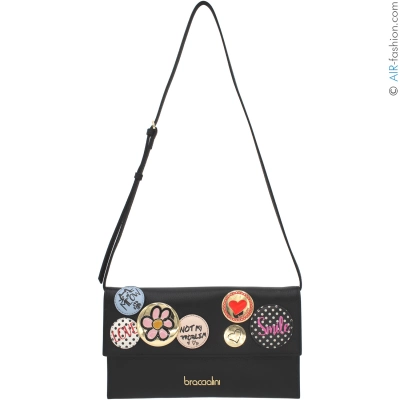 Braccialini BRACCIALINI Party Black Leather Clutch with Medallions  Hearts and Gold Tone Flower B19413-PP-818-UNI