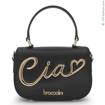 Braccialini CIAO Black Leather Mini Satchel with Oversized Gold Tone Lettering and Heart B19340-PP-100-UNI