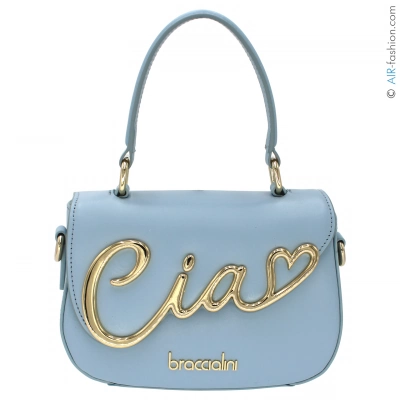 Braccialini CIAO Light Blue Leather Mini Top Handle Bag with Oversized Gold Tone Lettering and Heart B19340-PP-150-UNI